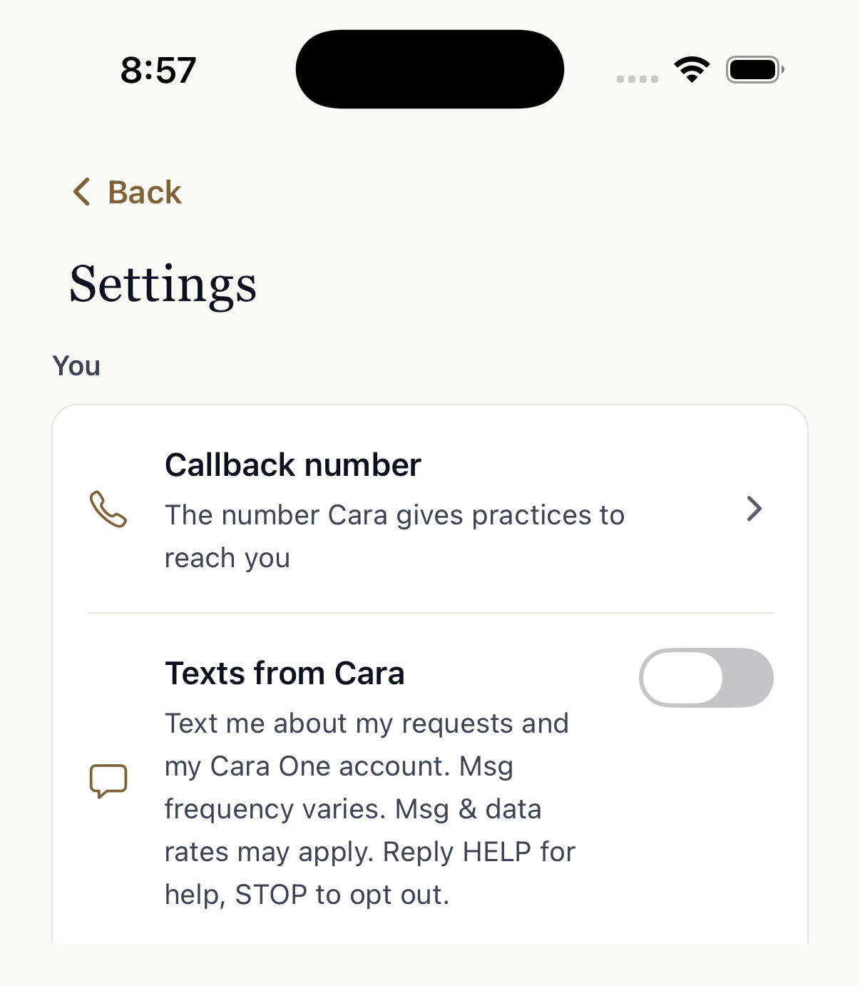 Cara One Settings screen with a Texts from Cara switch, turned off, and the text message opt-in wording under it.