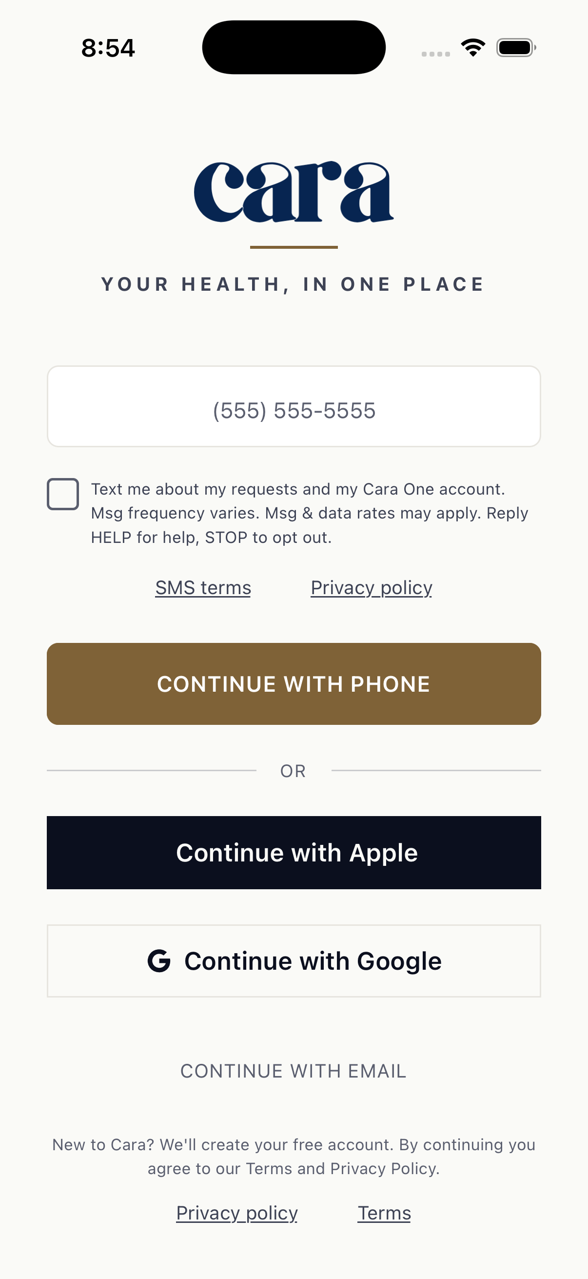 Cara One sign-up screen with a mobile number field, an unchecked checkbox with the text message opt-in wording, links to SMS terms and the privacy policy, and a Continue with phone button.
